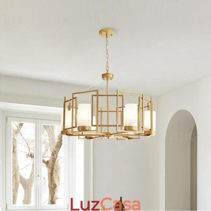 Luminária pendente moderna contemporânea de latão com 6 luzes e cúpula de vidro