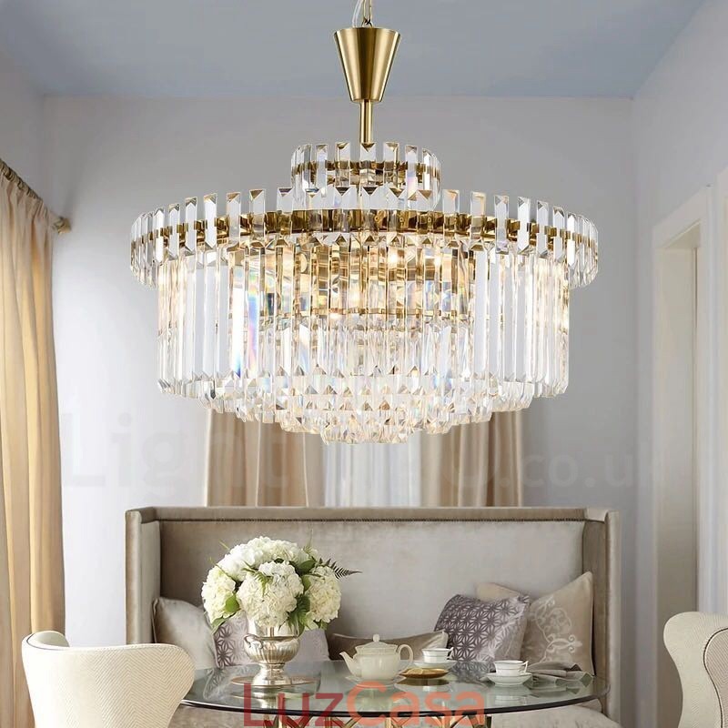 Luminária pendente moderna contemporânea de aço com 9 luzes e cúpula de cristal