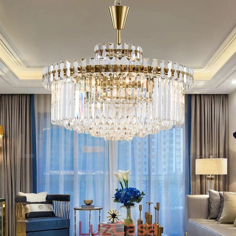 Luminária pendente moderna contemporânea de aço com 9 luzes e cúpula de cristal