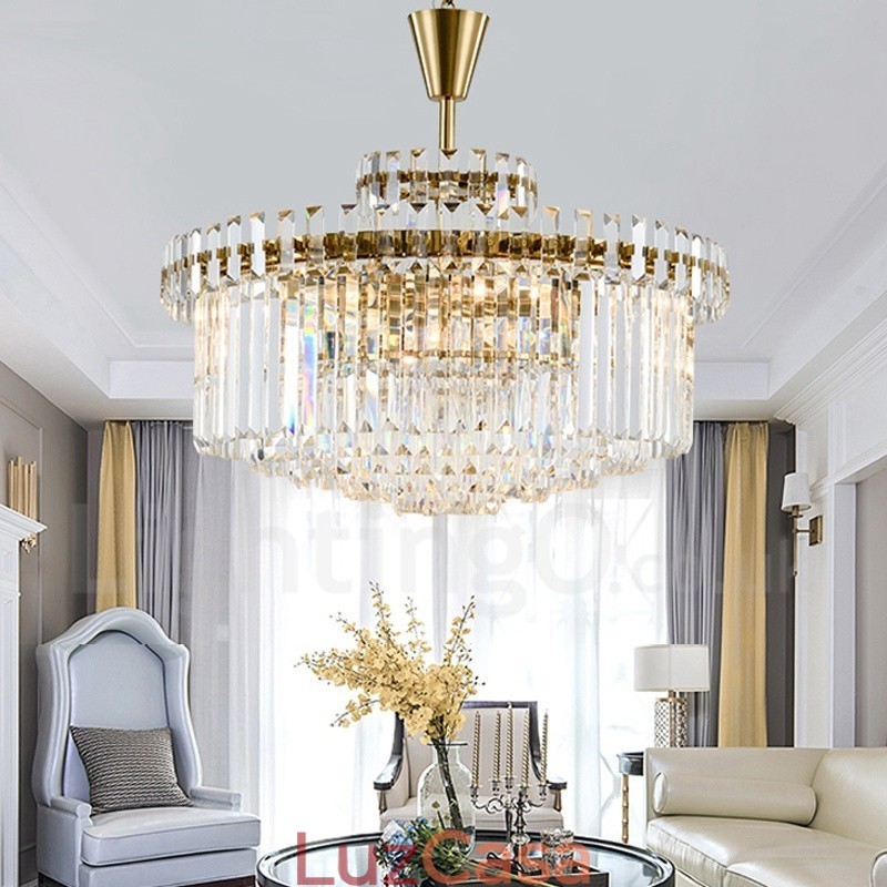 Luminária pendente moderna contemporânea de aço com 9 luzes e cúpula de cristal