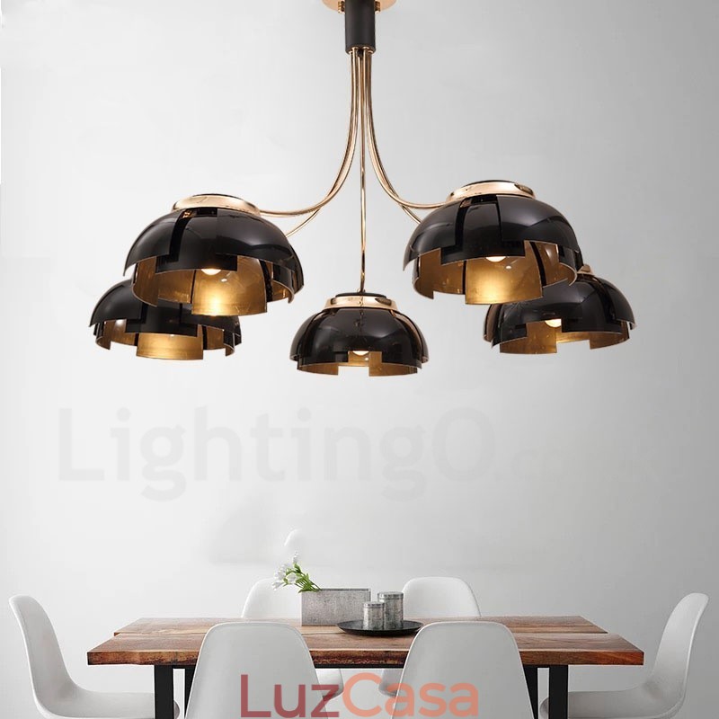 Lustre moderno contemporâneo de aço com 5 luzes e cúpula de acrílico