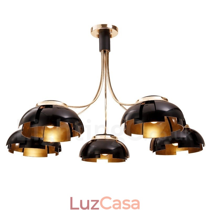 Lustre moderno contemporâneo de aço com 5 luzes e cúpula de acrílico