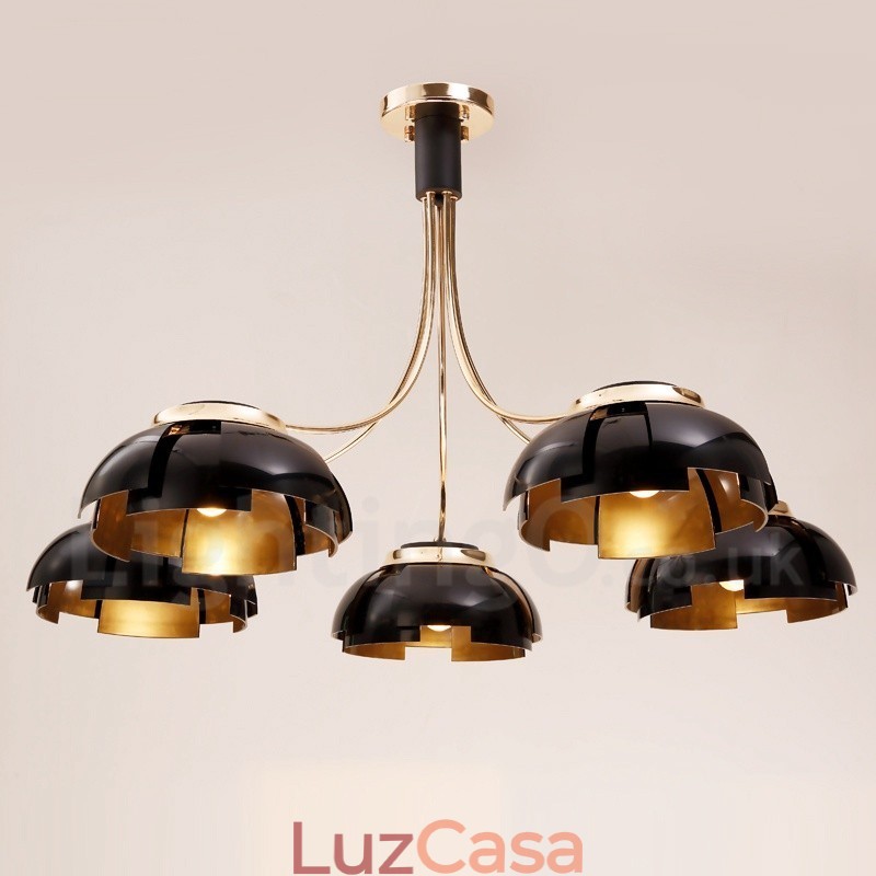 Lustre moderno contemporâneo de aço com 5 luzes e cúpula de acrílico