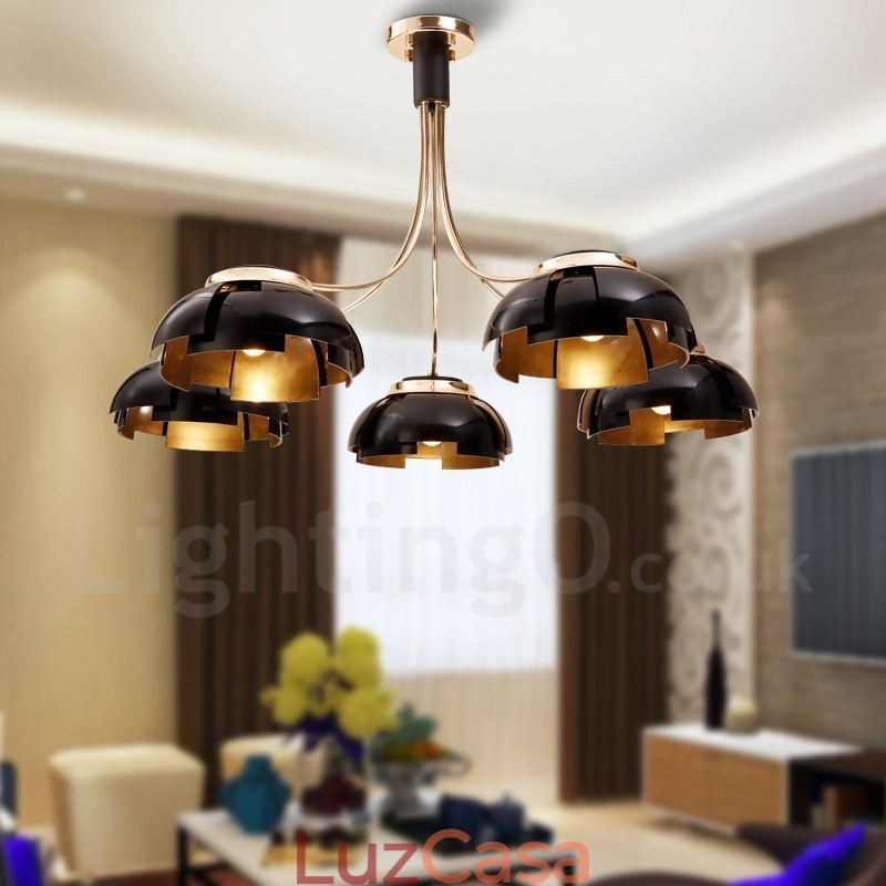 Lustre moderno contemporâneo de aço com 5 luzes e cúpula de acrílico