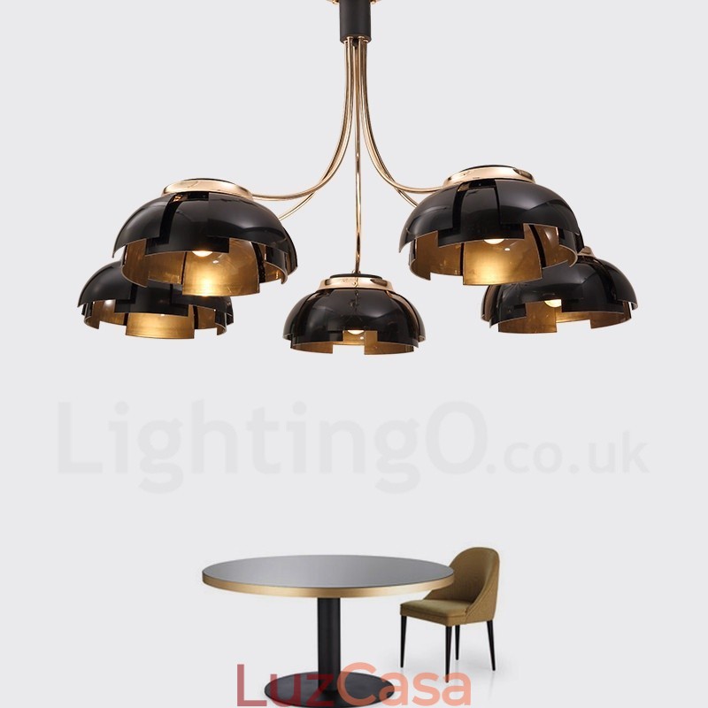 Lustre moderno contemporâneo de aço com 5 luzes e cúpula de acrílico