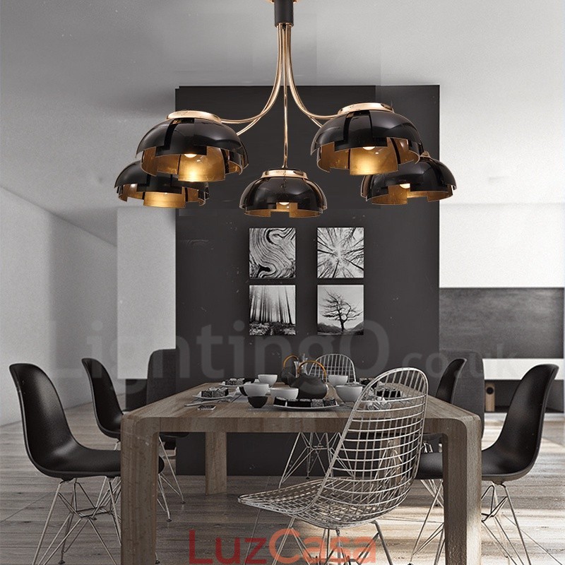 Lustre moderno contemporâneo de aço com 5 luzes e cúpula de acrílico