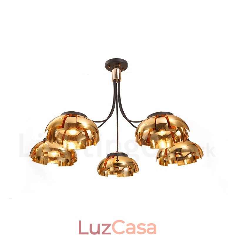 Lustre moderno contemporâneo de aço com 5 luzes e cúpula de acrílico