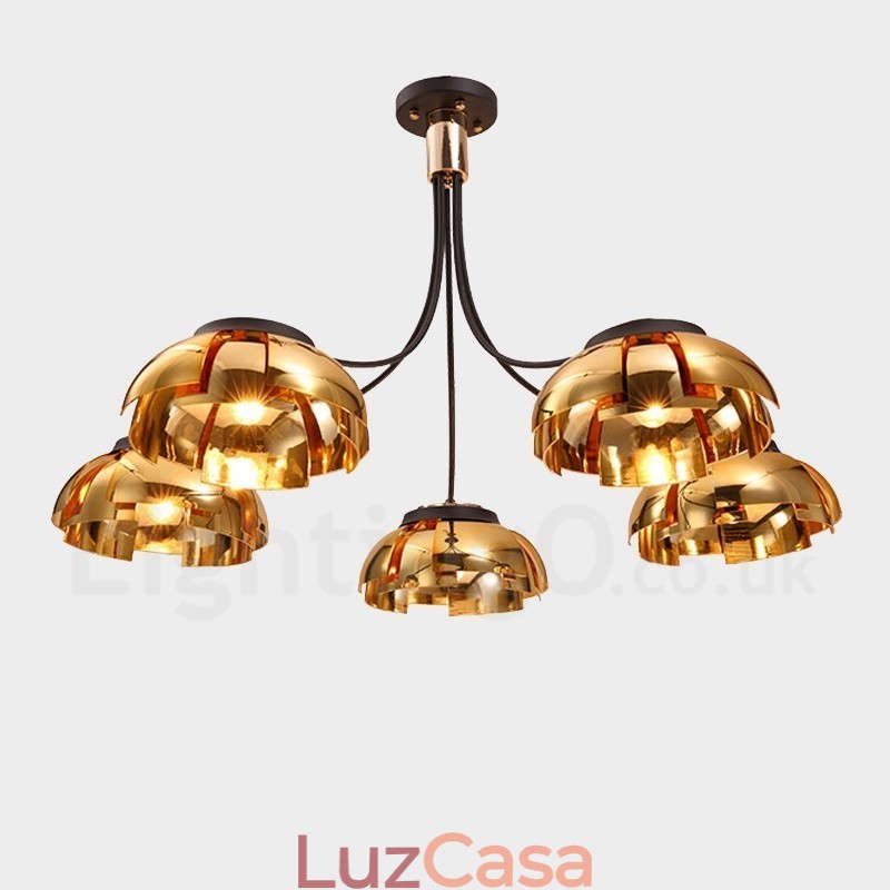 Lustre moderno contemporâneo de aço com 5 luzes e cúpula de acrílico