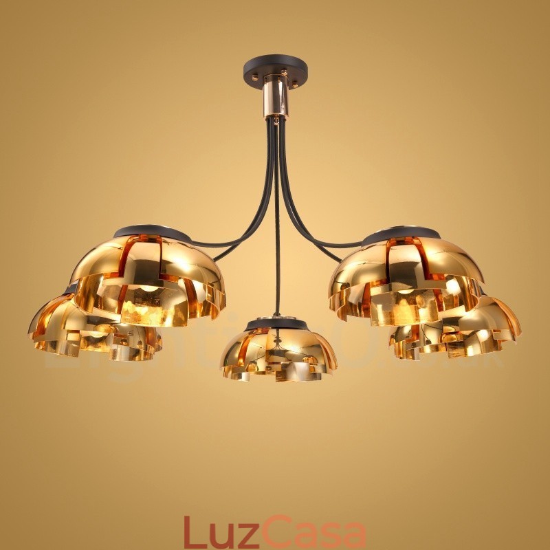 Lustre moderno contemporâneo de aço com 5 luzes e cúpula de acrílico