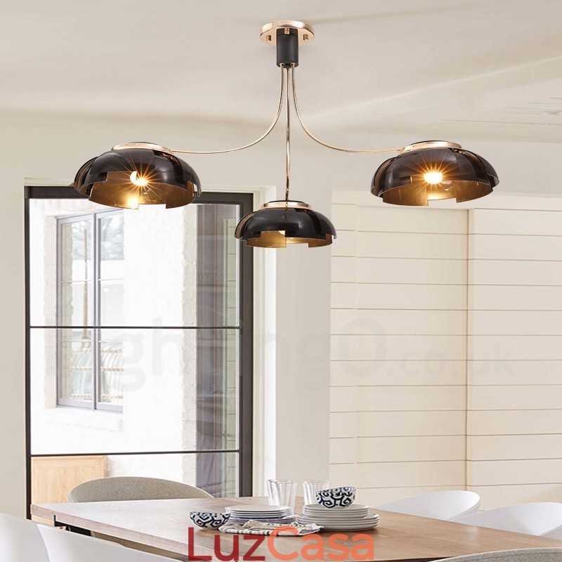 Lustre moderno contemporâneo de aço com 3 luzes e cúpula de acrílico