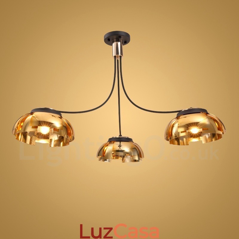 Lustre moderno contemporâneo de aço com 3 luzes e cúpula de acrílico
