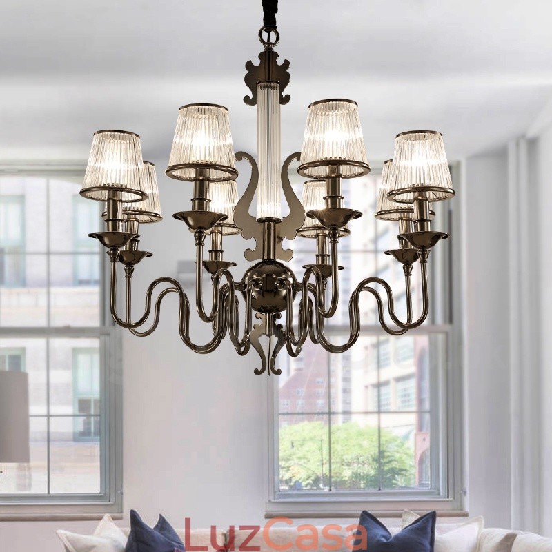 Lustre moderno contemporâneo de aço com 8 luzes e cúpula de acrílico