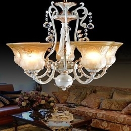 Lustre Branco Cinco Luzes Padrão Vidro Sombra Mão Dourado Europeu Retro Clássico