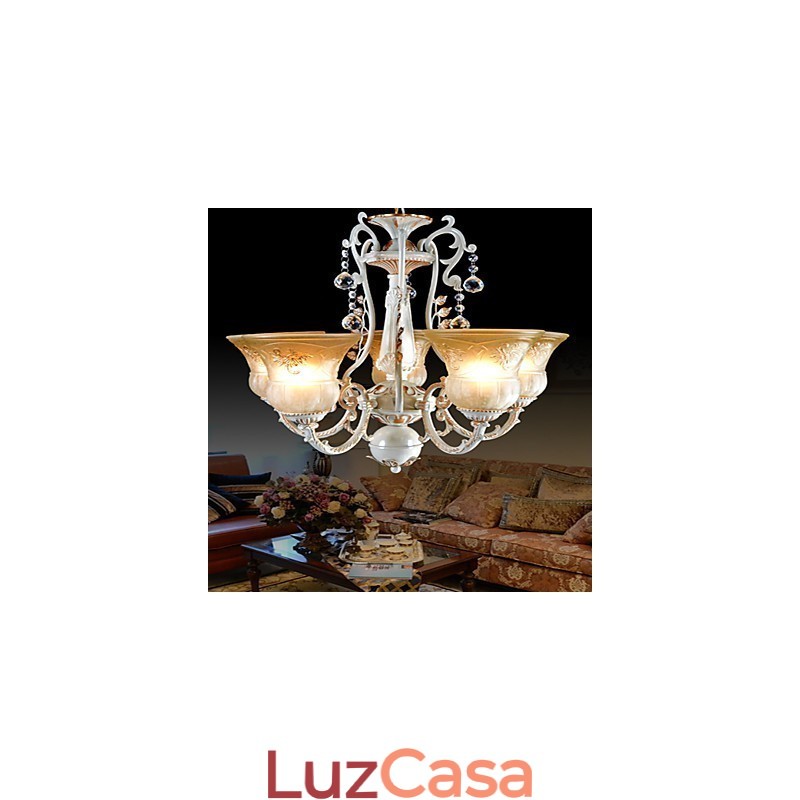 Lustre Branco Cinco Luzes Padrão Vidro Sombra Mão Dourado Europeu Retro Clássico