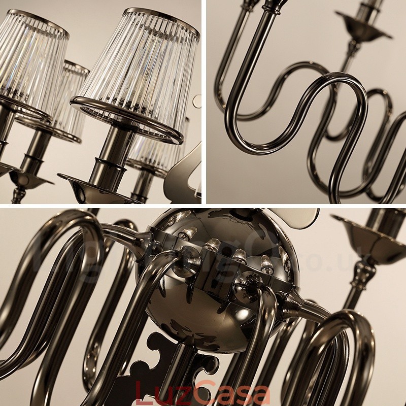 Lustre moderno contemporâneo de aço com 8 luzes e cúpula de acrílico