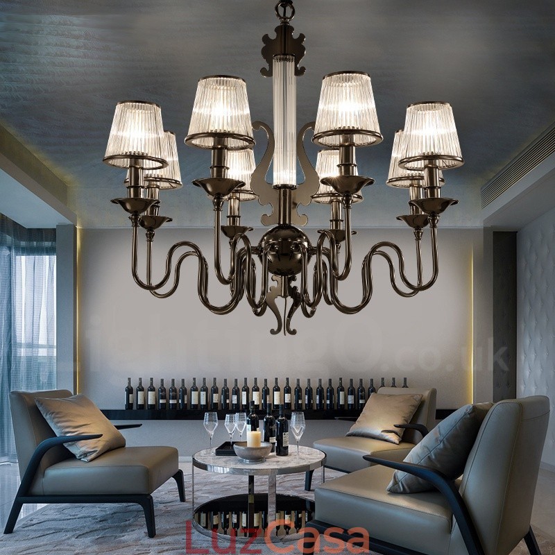 Lustre moderno contemporâneo de aço com 8 luzes e cúpula de acrílico