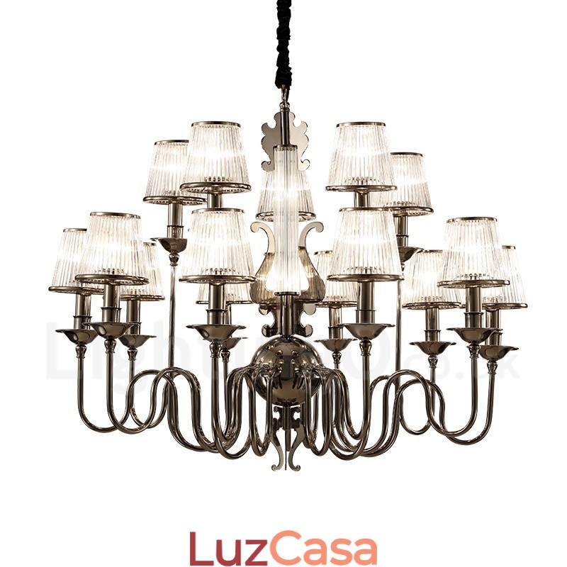 Lustre moderno contemporâneo de aço com 15 luzes e cúpula de acrílico