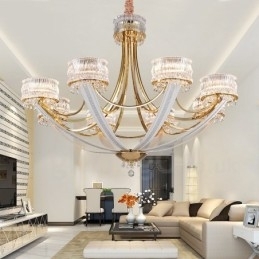 Lustre moderno contemporâneo de aço com 8 luzes e cúpula de cristal