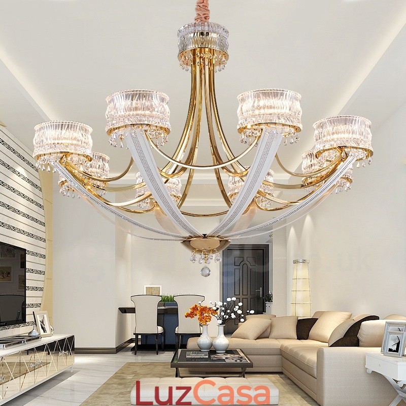 Lustre moderno contemporâneo de aço com 8 luzes e cúpula de cristal
