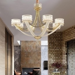 Lustre moderno contemporâneo de aço com 8 luzes e cúpula de cristal
