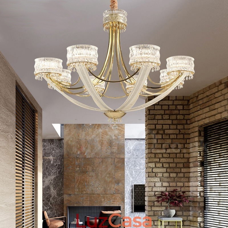 Lustre moderno contemporâneo de aço com 8 luzes e cúpula de cristal
