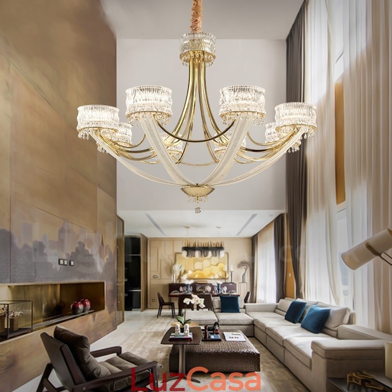 Lustre moderno contemporâneo de aço com 8 luzes e cúpula de cristal