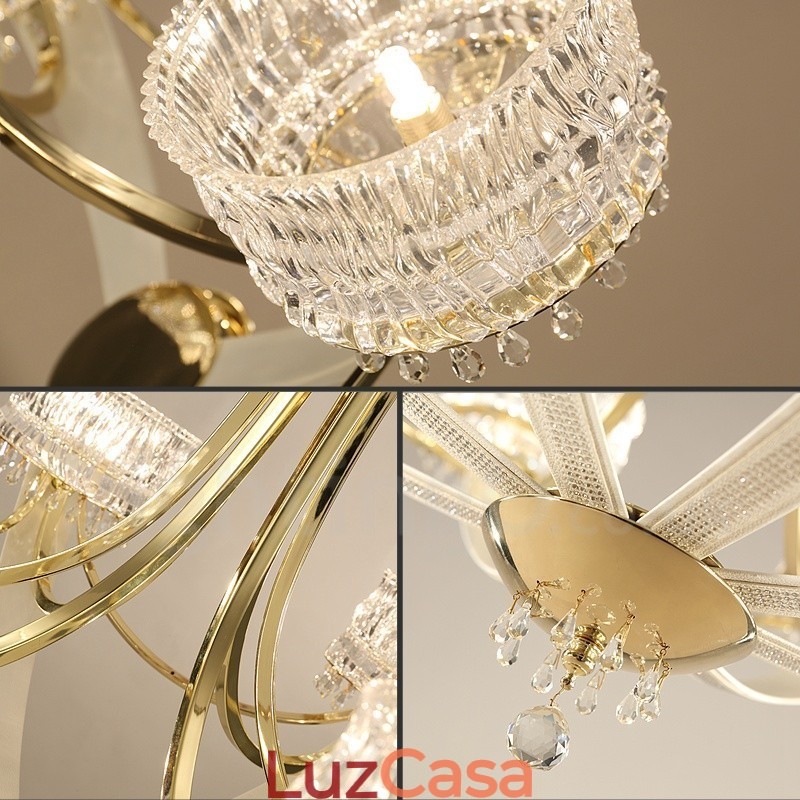 Lustre moderno contemporâneo de aço com 8 luzes e cúpula de cristal