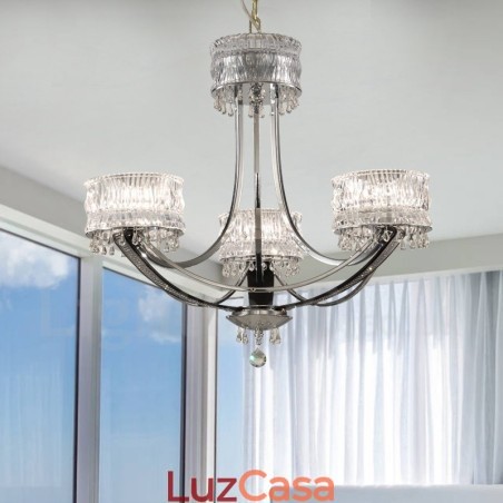 Lustre moderno contemporâneo de aço com 3 luzes e cúpula de cristal Lustre moderno contemporâneo de aço com 3 luzes e cúpula de cristal