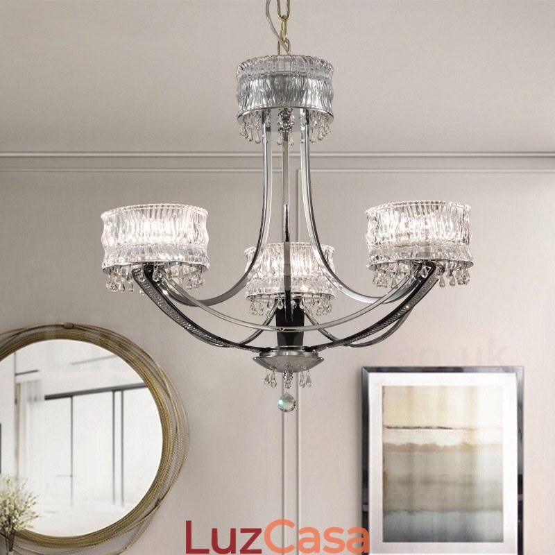 Lustre moderno contemporâneo de aço com 3 luzes e cúpula de cristal