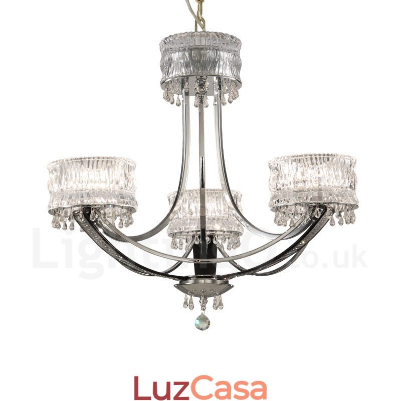 Lustre moderno contemporâneo de aço com 3 luzes e cúpula de cristal