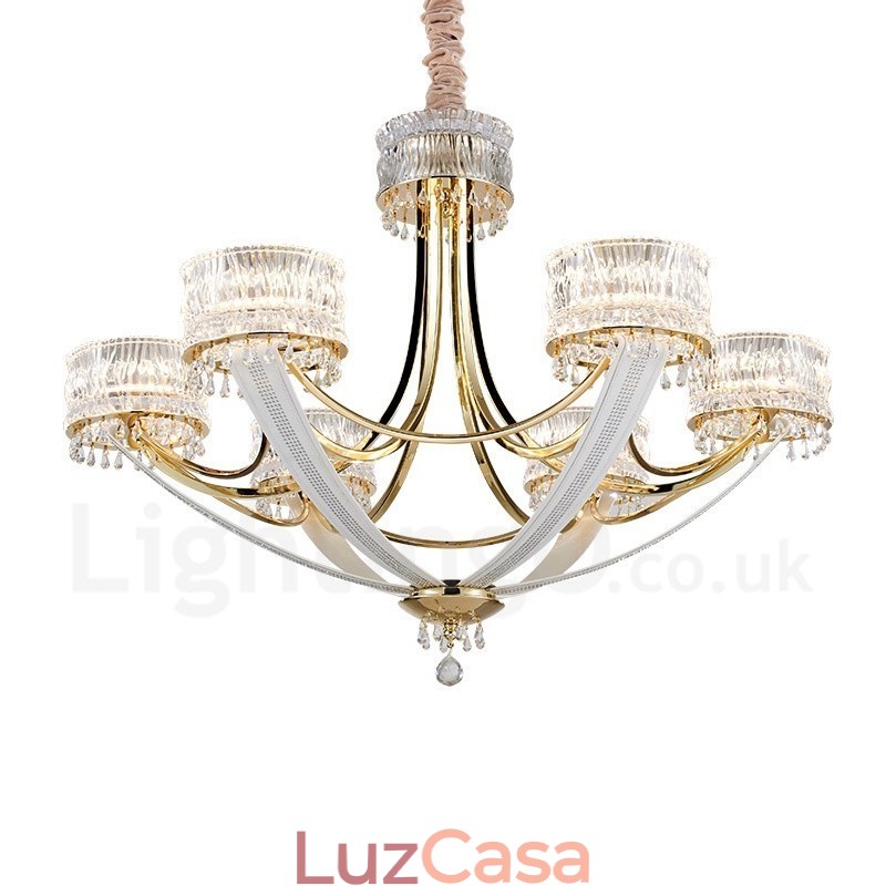 Lustre moderno contemporâneo de aço com 6 luzes e cúpula de cristal
