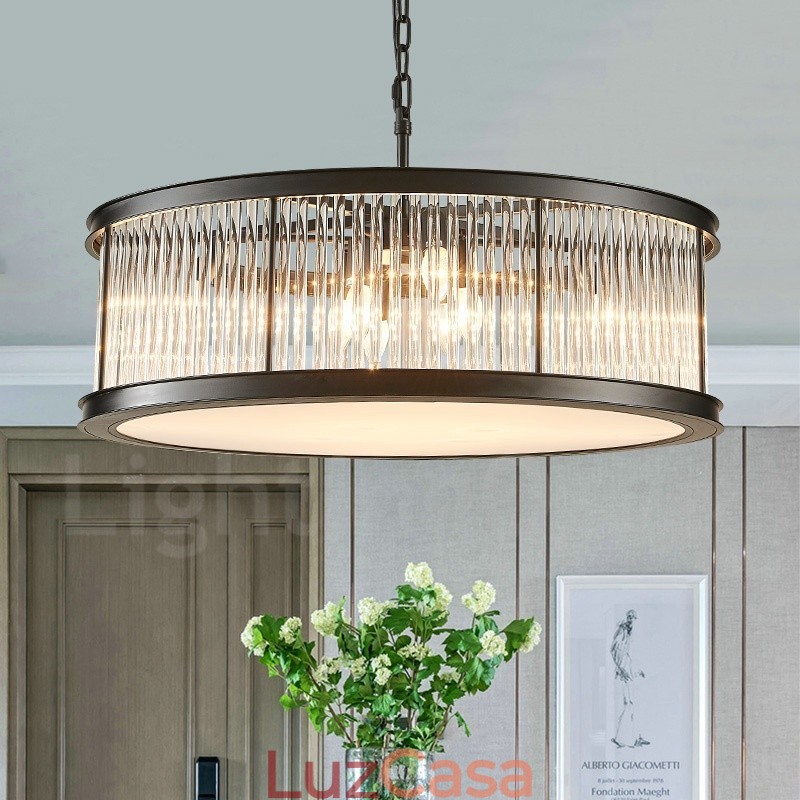 Luminária pendente moderna contemporânea de aço com 8 luzes e cúpula de acrílico cristalino