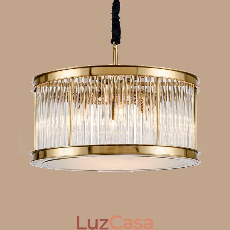 Luminária pendente moderna contemporânea de aço com 8 luzes e cúpula de acrílico cristalino