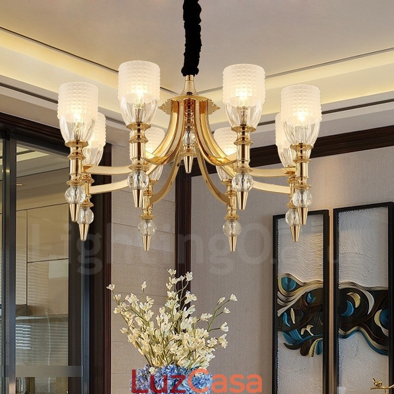 Lustre de aço mediterrâneo de 8 luzes com cúpula de vidro
