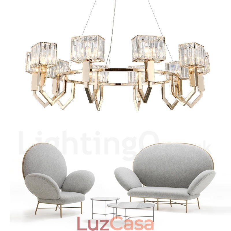 Luminária pendente moderna contemporânea de aço com 10 luzes e cúpula de cristal