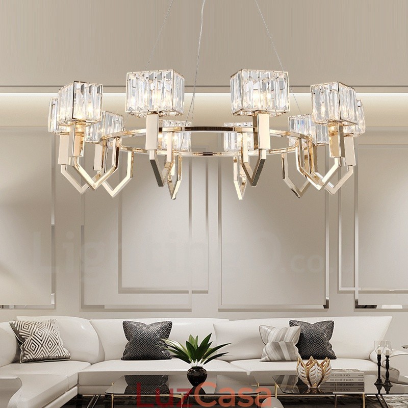 Luminária pendente moderna contemporânea de aço com 10 luzes e cúpula de cristal
