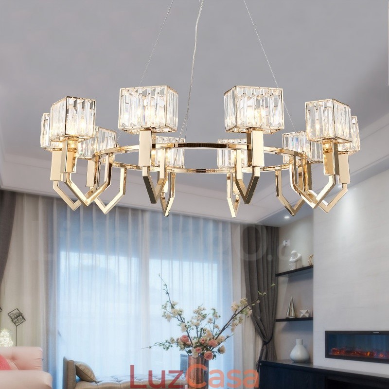 Luminária pendente moderna contemporânea de aço com 10 luzes e cúpula de cristal