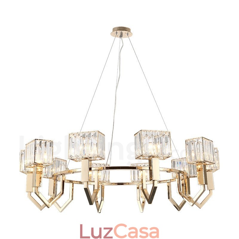 Luminária pendente moderna contemporânea de aço com 10 luzes e cúpula de cristal