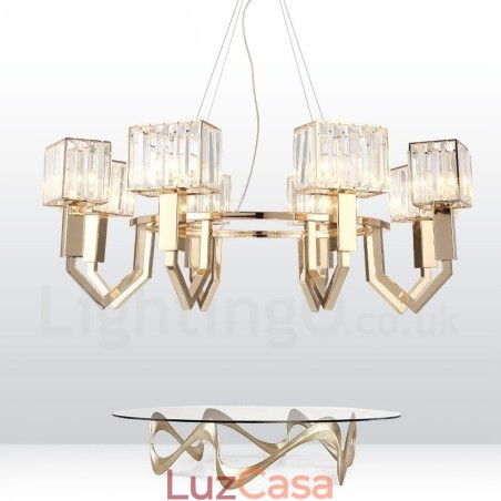 Luminária pendente moderna contemporânea de aço com 8 luzes e cúpula de cristal Luminária pendente moderna contemporânea de aço com 8 luzes e cúpula de cristal