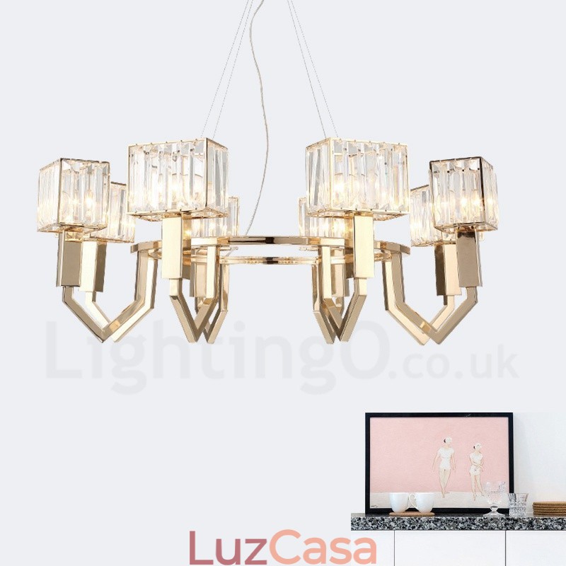 Luminária pendente moderna contemporânea de aço com 8 luzes e cúpula de cristal
