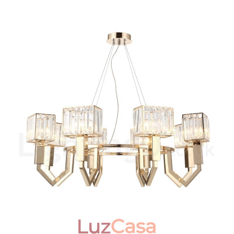 Luminária pendente moderna contemporânea de aço com 8 luzes e cúpula de cristal