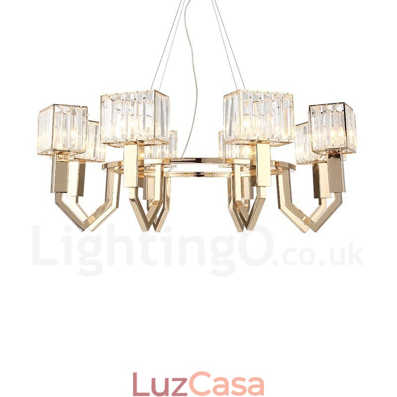 Luminária pendente moderna contemporânea de aço com 8 luzes e cúpula de cristal