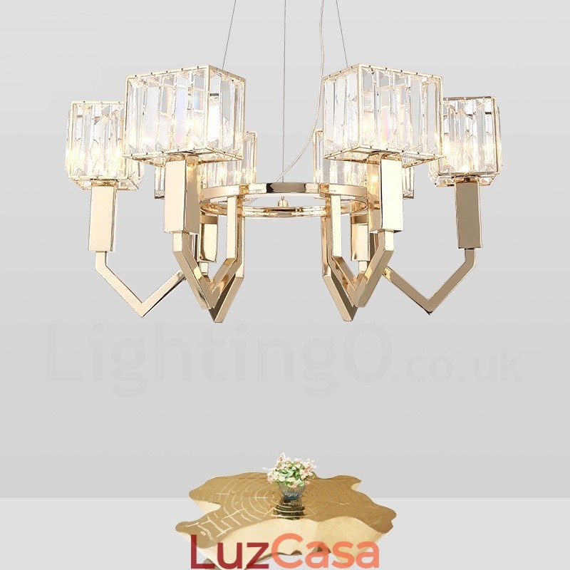 Luminária pendente moderna contemporânea de aço com 6 luzes e cúpula de cristal