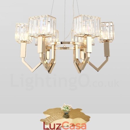 Luminária pendente moderna contemporânea de aço com 6 luzes e cúpula de cristal