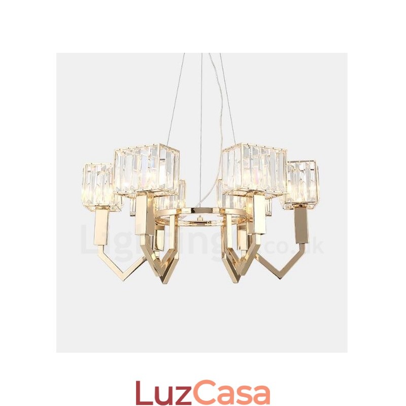 Luminária pendente moderna contemporânea de aço com 6 luzes e cúpula de cristal