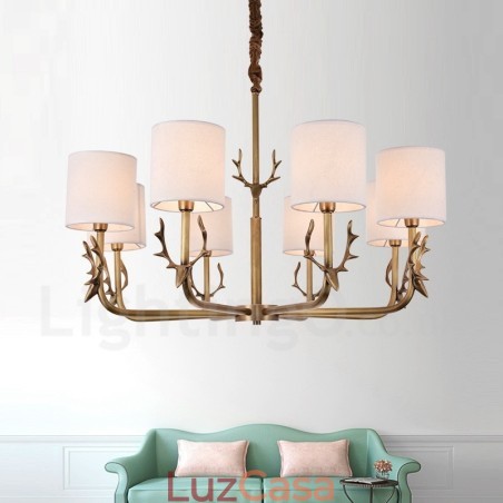 Lustre rústico de latão com 8 luzes e cúpula de tecido Lustre rústico de latão com 8 luzes e cúpula de tecido