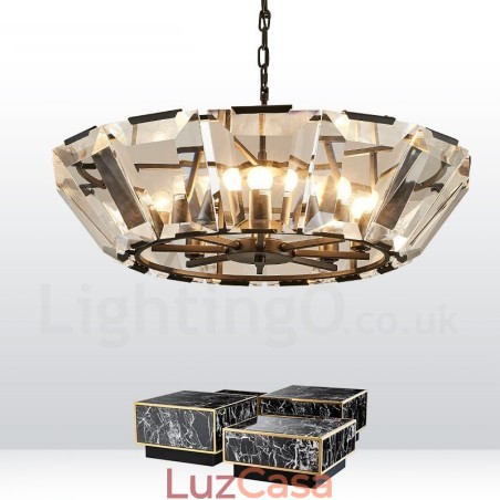 Luminária pendente moderna contemporânea de aço com 8 luzes e cúpula de cristal Luminária pendente moderna contemporânea de aço com 8 luzes e cúpula de cristal