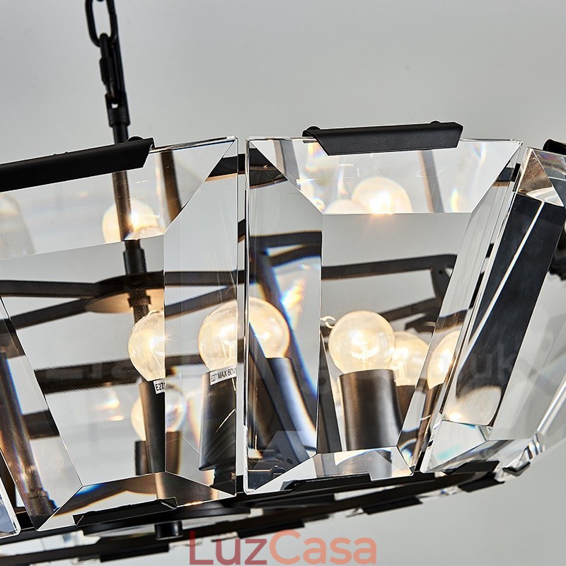 Luminária pendente moderna contemporânea de aço com 8 luzes e cúpula de cristal