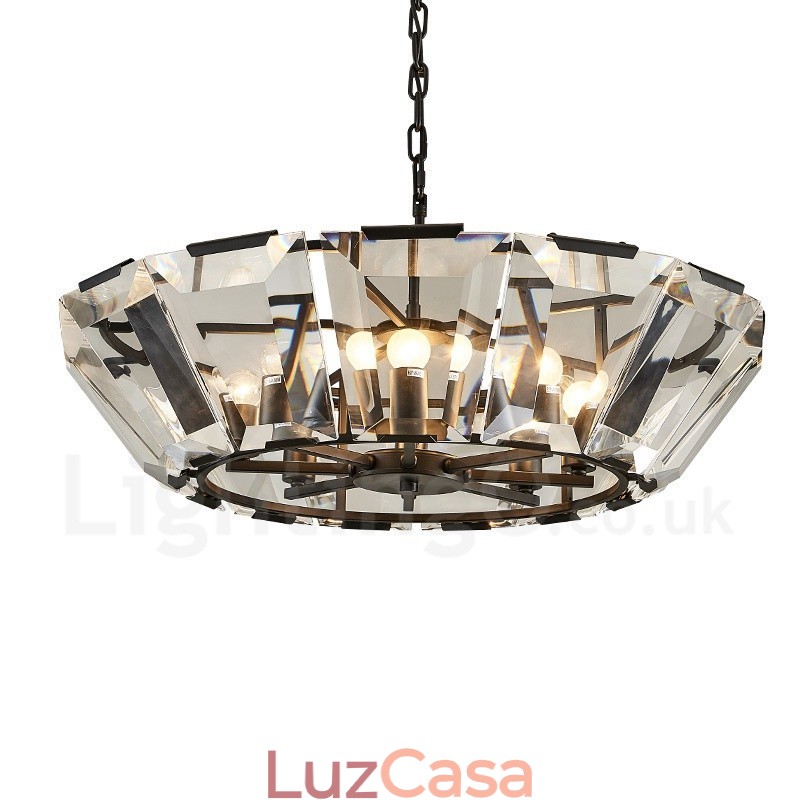 Luminária pendente moderna contemporânea de aço com 8 luzes e cúpula de cristal