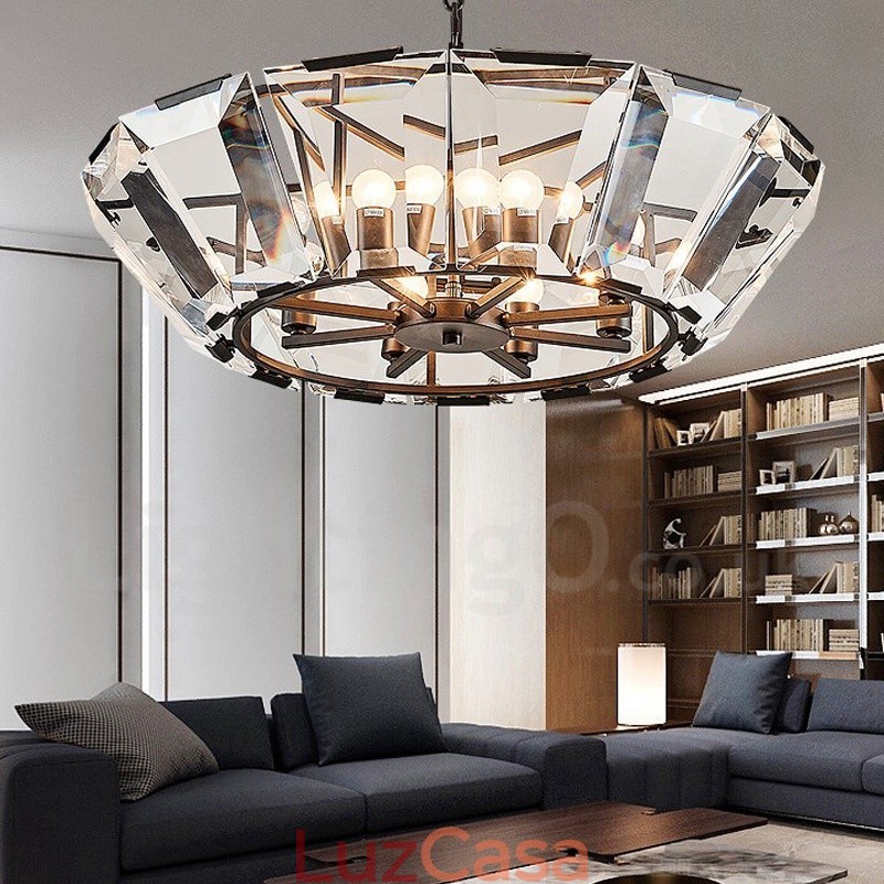 Luminária pendente moderna contemporânea de aço com 8 luzes e cúpula de cristal